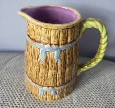 Majolica Creamer Pitcher Brown Basket Haybale Green Handle Blue Ribbon 5