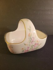 Teleflora Porcelain Basket Planter With Handle Pink Floral Design Plastic Liner picture