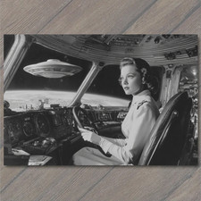 POSTCARD SciFi 1950s Lady Piloting Car Above Clouds UFO Invasion picture