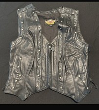 Harley-Davidson Black Leather Motorcycle Vest Studded Fringe Back Lace Sides picture