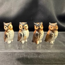 Vintage Miniature Ceramic Owl Figurines Set of 4 Brown Cream Hand Painted picture