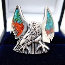 VTG. NATIVE AMERICAN SCULPTURED EAGLE RING STERLING GEM INLAY SZ 9 SILVER CLOUD picture