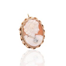Lady in Necklace Cameo Pendant with Diamond 14K Yellow Gold with Pin Backing picture