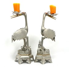 Pair Chinese Mixed-Metal Pewter Crane Sculptures Candlesticks picture