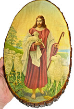 Vintage Jesus Good Shepherd Wood Slice Wall Plaque Picture 11.5” Religious Art picture