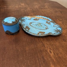 Antique Victorian Dithridge Turquoise Blue Opalescent Milk Glass Tray & Jar picture