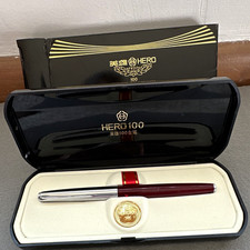 Vintage Hero 100 Fountain Pen Burgundy w/ Box - 14K Gold Hooded Fine Nib - Good picture