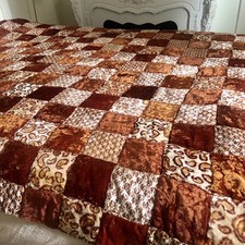 Vintage 70s Velvet Patchwork Quilt Bedspread Full Queen 80 X 101 Boho Hippie picture