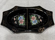 Vintage Handpainted Divided Trinket Dish Black Floral picture