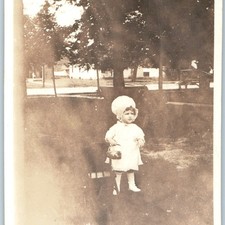 1921 Dobson Toddler Easter Basket Cute Bonnet Dress Childhood Snapshot Photo 4