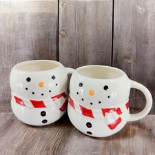 Williams Sonoma Bonjour Snowman Ceramic Coffee Mug Cup Holiday Mug Set 2 VTG picture
