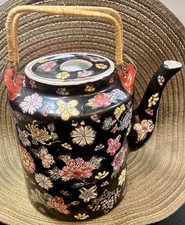 VINTAGE PORCELAIN CERAMIC CHINESE TEAPOT, Bamboo Handles with lid picture