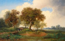 Oil painting beautiful sunset landscape with trees by brook handpainted picture