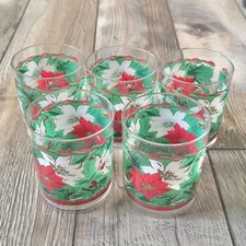 Vintage Thermo-Serv Plastic Christmas Poinsettia Low Ball Glass Cup USA Lot of 5 picture