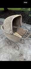 Vintage Beige Wicker Baby Carriage with Metal Wheels & Fabric Interior picture