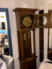 Vintage Longcase Grandfather Clock, Brown Wood Case, Brass Analog Dial, Pendulum picture