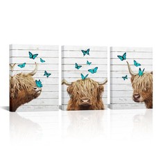 Welmeco 3 Piece Rustic Farmhouse Highland Cow Butterfly Painting Printed On picture