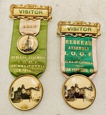2 Antique 1911 1915 Rebekah Assembly IOOF Visitor Ribbon Badge San Francisco Ca picture