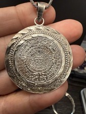 Vintage Mexican Aztec Calendar Double Sided Mexico 925 Medallion With Necklace picture