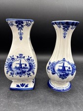 Delft Floral Windmill Blue White Pottery Vases Holland Vintage picture