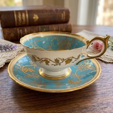 Vintage Aynsley England Bone China Teacup Saucer Turquoise Gold Gilt Grapevine picture