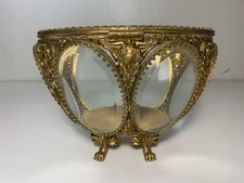 Stylebuilt 24k Gold Plate Ormolu Jewelry Casket Glass Vanity Trinket Box Vintage picture