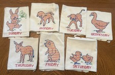 Set of 7 Vintage Hand Embroidered Days of the Week Tea Towels, See Condition picture