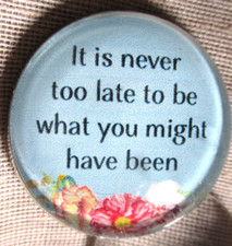 GLASS DOME PICT BUTTON  - IT'S NEVER TO LATE TO BE WHAT YOU MIGHT HAVE BEEN 30mm picture