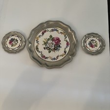 Vintage Kaufmann Alwe West Germany Pewter and Ceramic Collector Plates Set of 3 picture
