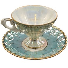 Vintage Fan Crest Japan Lusterware Teacup + Reticulated Saucer Green Gold C-391 picture