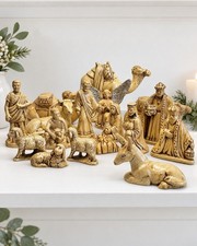 Vintage 1974 Ceramic Nativity Set 17 Piece Handmade Brown Glaze 3.25