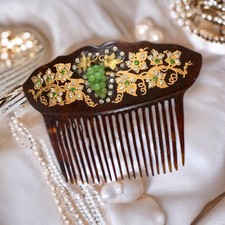 Antique Faux Tortoiseshell Celluloid Art Nouveau Hair Comb Rhinestones Grapes picture