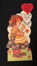 Vintage Darling Girl Holding Daisy Valentine Card c. 1940s picture