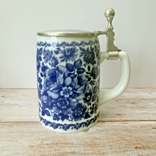 VTG BMF West Germany Ceramic Beer Stein Blue Floral Pewter Lid 6.5in picture