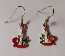 Vintage Christmas Candles Goldtone Painted Metal Pierced Dangle Earrings picture