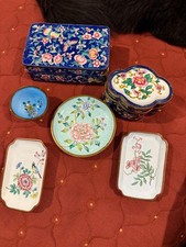 vintage Chinese enameled brass boxes , bowl and plates, butterfly, bird . Lot picture