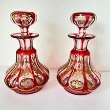 ANTIQUE BOHEMIAN RUBY RED CUT TO CLEAR PAIR GILDED PERFUME BOTTLES  14.5 CM H picture