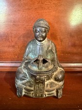 Vintage Japanese Shakyamuni Buddha Brass Metal Incense Burner Statue With Lid picture