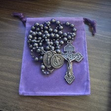 Antique Bronze Metal Combat Military Battle Rosary Catholic W/St Benedict Medal picture