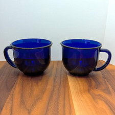 VTG Deep Cobalt Blue Glass Coffee Mugs Cups Large Wide Rim Set of 2 Retro, MCM picture