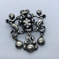 11.6g 925 ANTIQUE 800 SILVER VICTORIAN TROMBONE CLASP CHERUB ANGELS PIN BROOCH picture