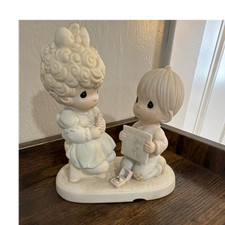 Precious Moments Porcelain Boy & Girl Couple Figurine White Matte 1980s 3D picture