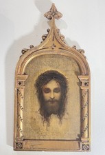 Rare Antique Italian Holy Face of Jesus Hand Painted Icon Wooden Plaque c1900 picture