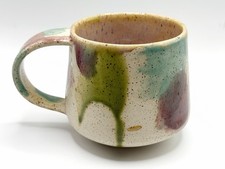 Handcrafted Speckled Poettery Mug Hreen Blue Mauve Beige 3.5” Tall FLAW picture