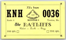 Vintage KNH 0036 The Ratliffs CB Radio QSL Card Trenton Missouri North MO B22 picture