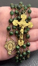 Vintage Catholic Rosary Green Black Swirl Beads Cross Crucifix Gold Tone 28” picture