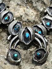 VINTAGE NAVAJO SILVER & TURQUOISE SQUASH BLOSSOM NECKLACE, 123.9 GR, SIGNED CRB picture