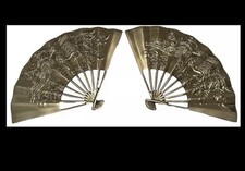 Nice Vintage PAIR Solid Brass Fan Raised Phoenix Dragon Hanging wall Art  picture