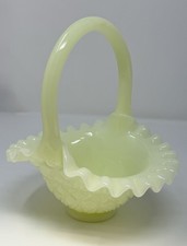Rare ~Fenton~ Custard Uranium “Fine Cut And Block Pattern” 7in Basket *GLOWS* picture