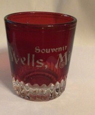 2 3/8” Tall Ruby Flash Souvenir Wells Minn, Shot Glass . 1920’s Minnesota Mn . picture